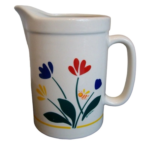 Vintage 1980s Red, Blue, and Yellow Flower Ceramic Pitcher - Picture 1 of 6